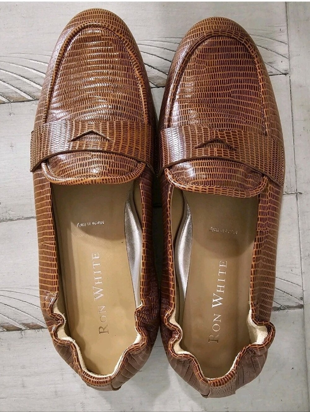 Ron White Weatherproof Brown Lizard Embossed Leather Loafers Flats 39 / US 8.5-9